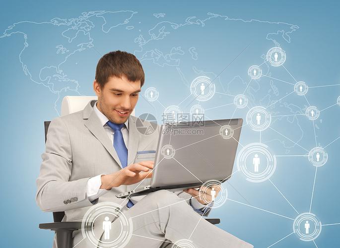 商业技术互联网网络商人网络与笔记本电脑虚拟屏幕